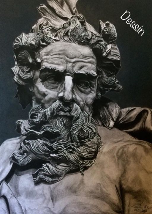 Disegno intitolato "Buste de Neptune" da Natacha Ribet, Opera d'arte originale, Carbone Montato su Vetro