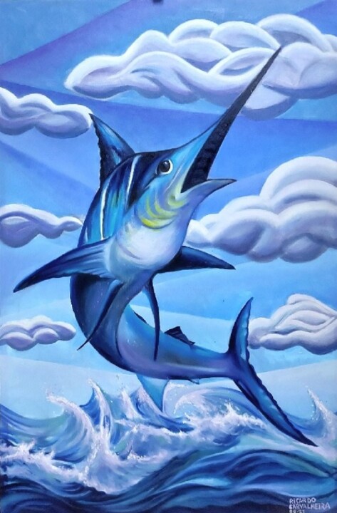 Peinture intitulée "Espadarte-Azul" par Ricardo Carvalheira, Œuvre d'art originale, Huile Monté sur Panneau de bois