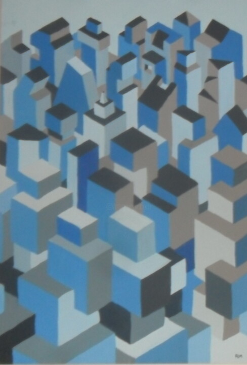 Peinture intitulée "Blue City" par Ricardo Martinez, Œuvre d'art originale, Huile