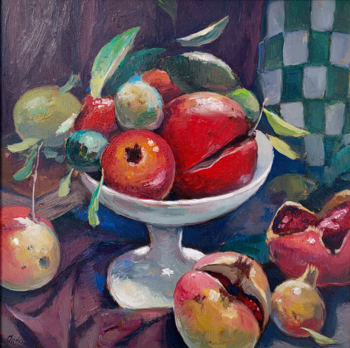 Painting titled "Pomegranates - Ital…" by Riccardo Chirici, Original Artwork, Oil Mounted on Other rigid panel