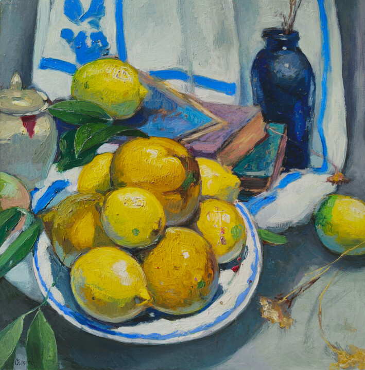 Painting titled "Lemons" by Riccardo Chirici, Original Artwork, Oil Mounted on Other rigid panel