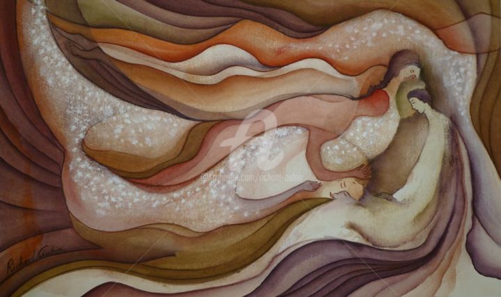 Painting titled "Tendresse d'un prin…" by Richard Aubin, Original Artwork, Watercolor