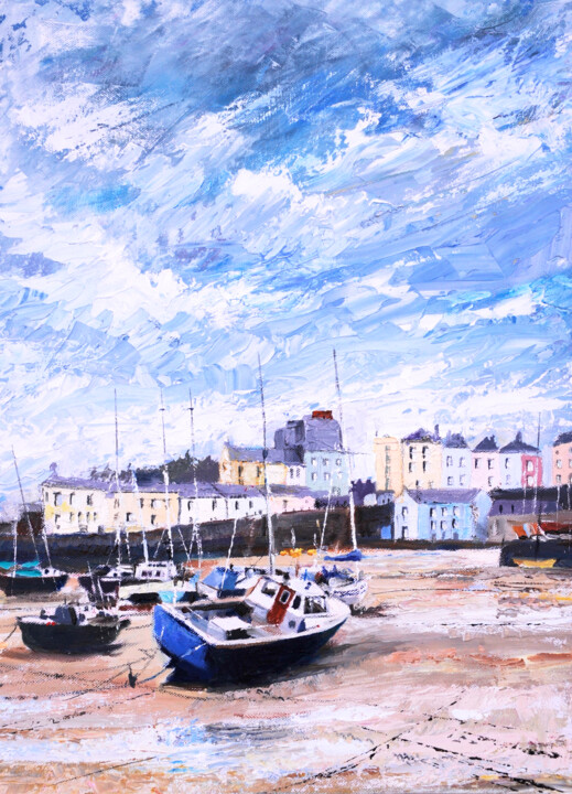 Painting titled "Windy Day in Tenby" by Richard Fa White, Original Artwork, Oil Mounted on Wood Stretcher frame