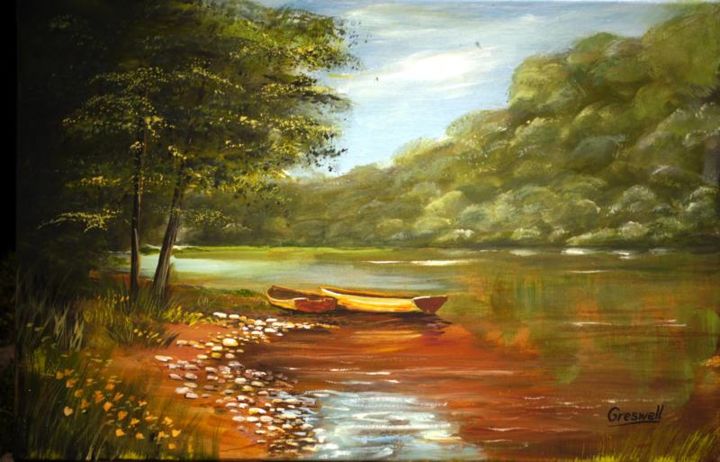 Картина под названием "stream" - Richard Greswell, Подлинное произведение искусства, Акрил Установлен на Деревянная рама для…