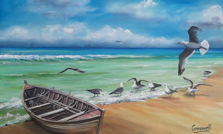 Peinture intitulée "Seaside boat" par Richard Greswell, Œuvre d'art originale, Acrylique