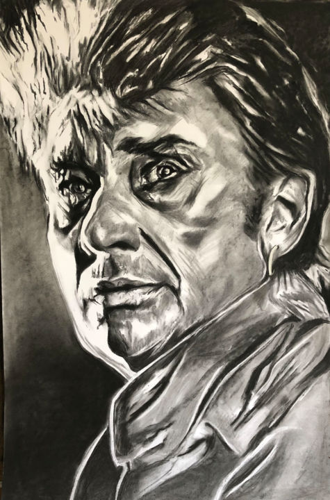 Drawing titled "Johnny Hallyday (2)" by Richard Hanssens, Original Art, Charcoal