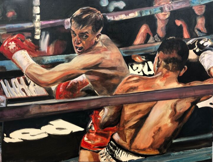 Malerei mit dem Titel "Match de boxe# Boxi…" von Richard Hanssens, Original-Kunstwerk, Öl