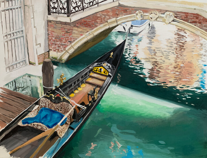 Painting titled "Venice Waterway" by Richard Lawrence, Original Artwork, Gouache