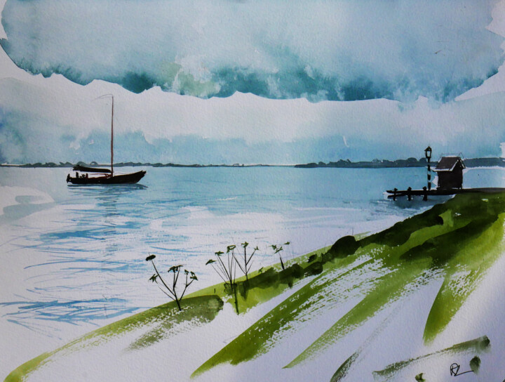 Painting titled "Dutch Coastline" by Richard Lawrence, Original Artwork, Watercolor