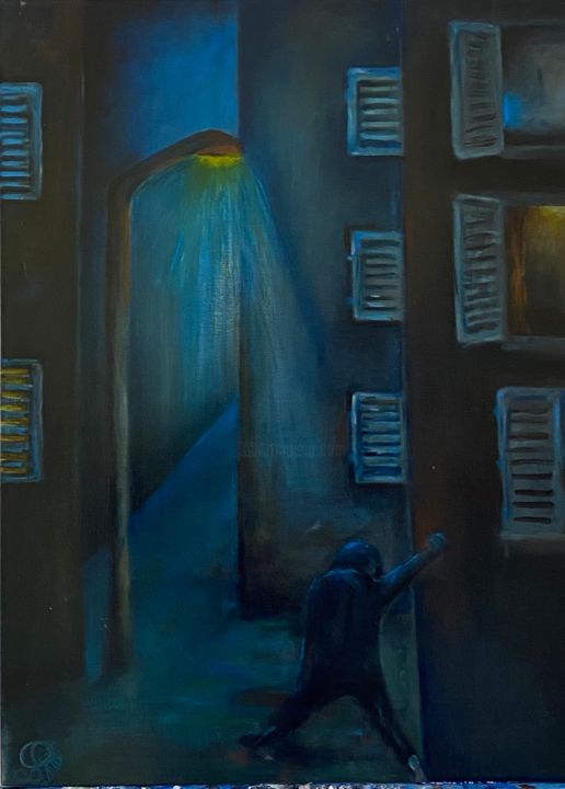 Painting titled "Curfew couvre-feu u…" by Richard Lorimier, Original Artwork, Acrylic Mounted on Other rigid panel