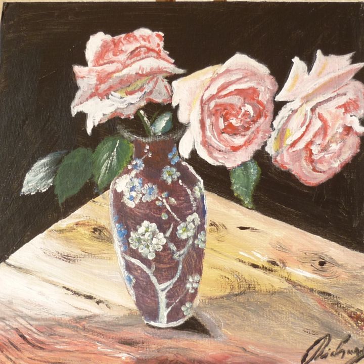 Painting titled "roses-dans-vase.jpg" by Dominique Richard, Original Artwork, Oil