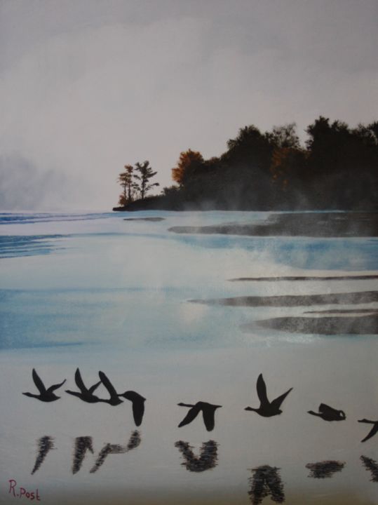 Painting titled "Fly over water" by Richard Post, Original Artwork, Oil