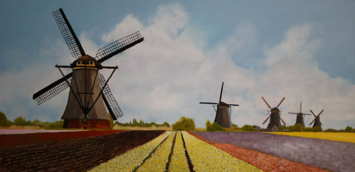 Pintura intitulada "Windmills and flowe…" por Richard Post, Obras de arte originais, Óleo