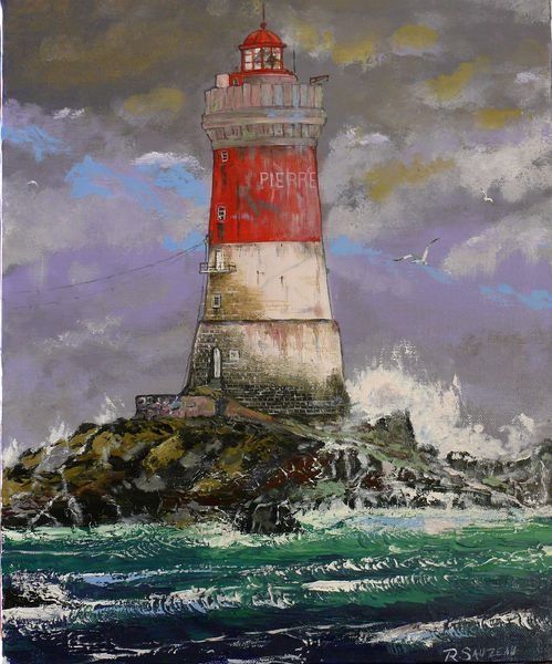 Painting titled "phare des pierres n…" by Richard Sauzeau, Original Artwork, Other