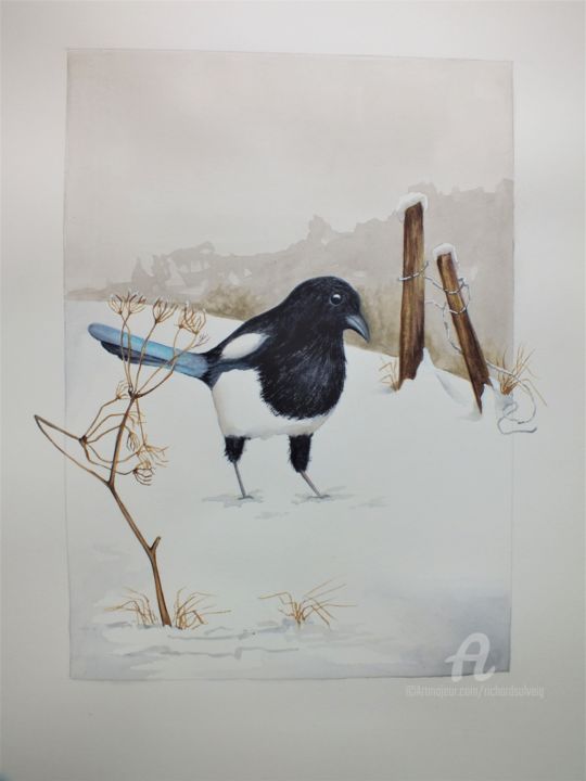 Картина под названием ""Dans la neige "" - Solveig Gnéma-Richard, Подлинное произведение искусства, Акварель