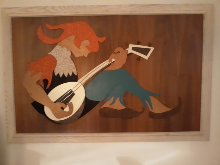 Textile Art titled "man palying guitar" by Rick, Original Artwork, Patchwork Mounted on Wood Panel