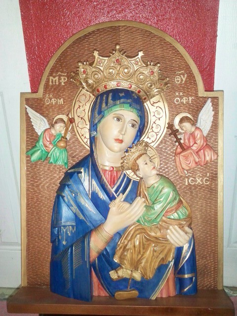 Sculpture titled "Our Lady of Perpetu…" by Rick Bagabaldo, Original Artwork, Wood