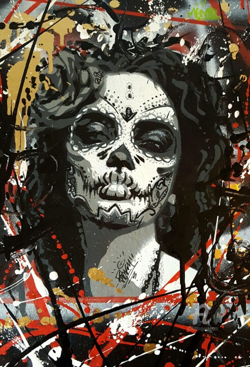 Painting titled "Prettymuerte" by Ricky 400ml, Original Artwork, Acrylic Mounted on Cardboard