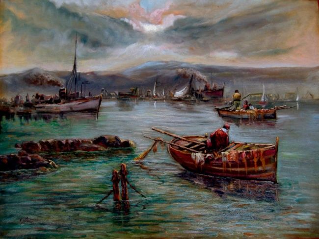 Pittura intitolato "Porto all alba" da Rico1103, Opera d'arte originale