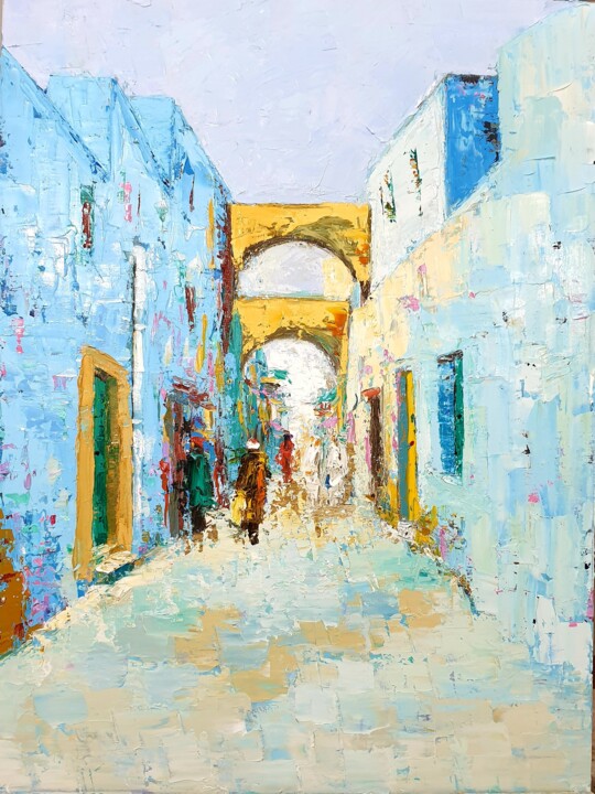 Painting titled "the blue neighbourh…" by Rihab Bader, Original Artwork, Oil