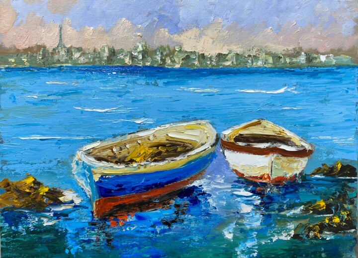 Painting titled "Let's go fishing" by Rihab Bader, Original Artwork, Oil