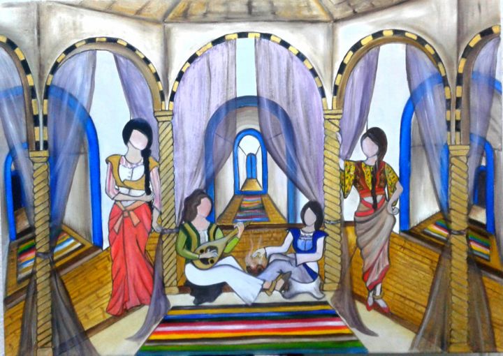 Peinture intitulée "Soirée orientale" par Rihab Blrs, Œuvre d'art originale, Huile