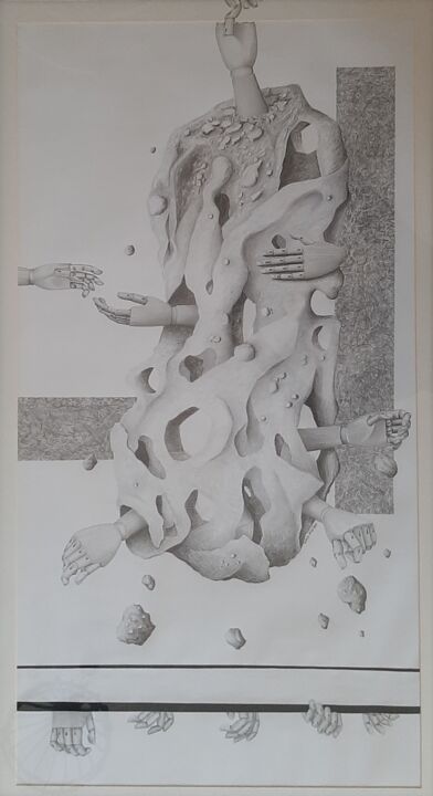 图画 标题为“Drame à Ighran” 由Ahmed Ktata, 原创艺术品, 铅笔 安装在纸板上
