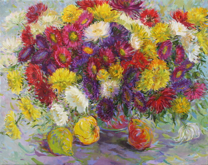 Painting titled "Chrysanthemums with…" by Rima Azatyan, Original Artwork, Oil