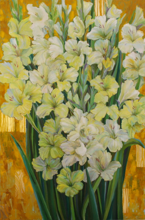 Painting titled "White and Yellow Gl…" by Rima Azatyan, Original Artwork, Oil