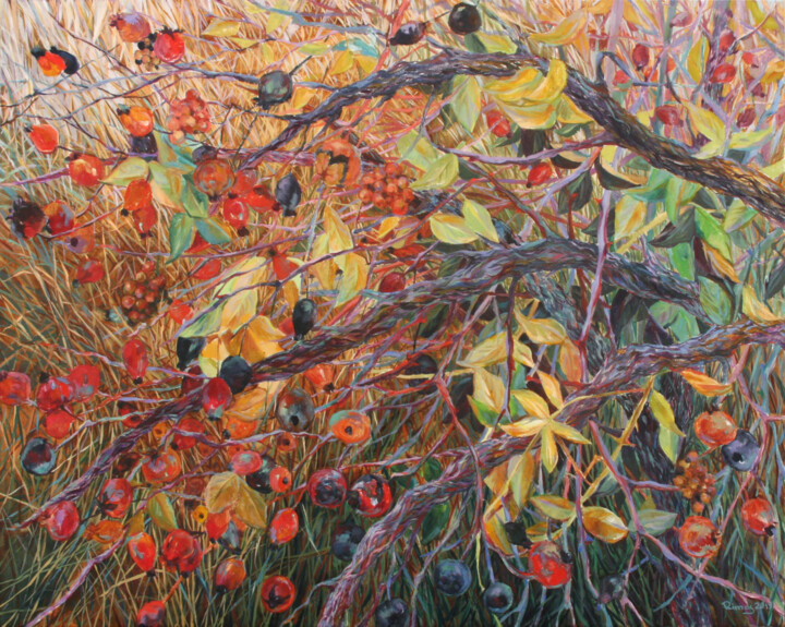 Painting titled "Rose hips (autumn)" by Rima Azatyan, Original Artwork, Oil