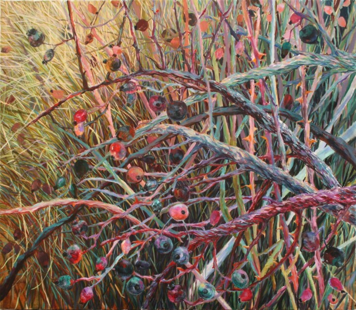 Painting titled "Rose hip (winter)" by Rima Azatyan, Original Artwork, Oil