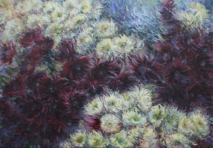 Painting titled "Semi-cactus dahlias…" by Rima Azatyan, Original Artwork, Oil