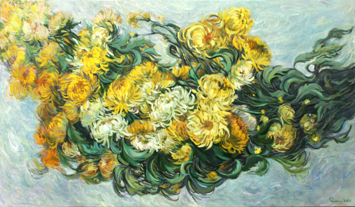 Painting titled "Yellow chrysanthemu…" by Rima Azatyan, Original Artwork, Oil