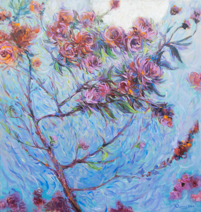Painting titled "Blooming tree" by Rima Azatyan, Original Artwork, Oil Mounted on Wood Panel