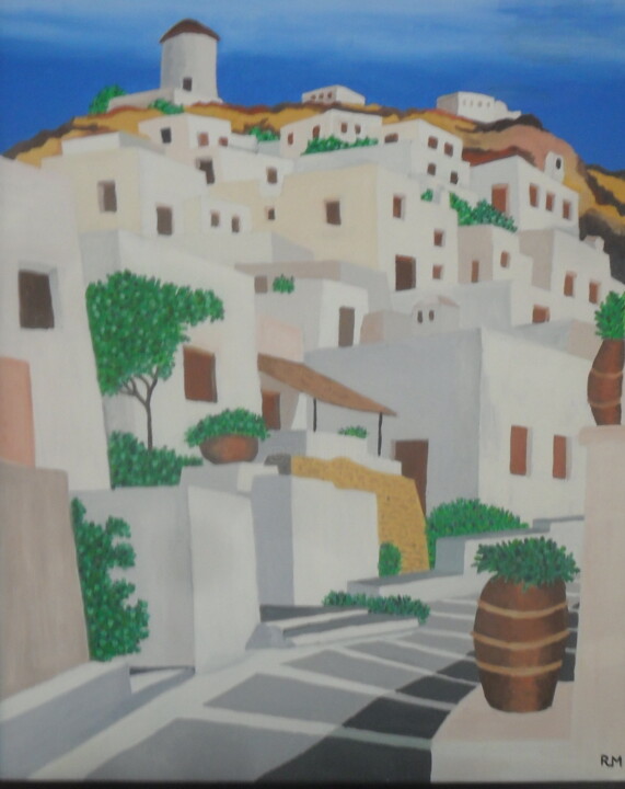 Painting titled "Greek town" by Ricardo Martinez, Original Artwork, Oil