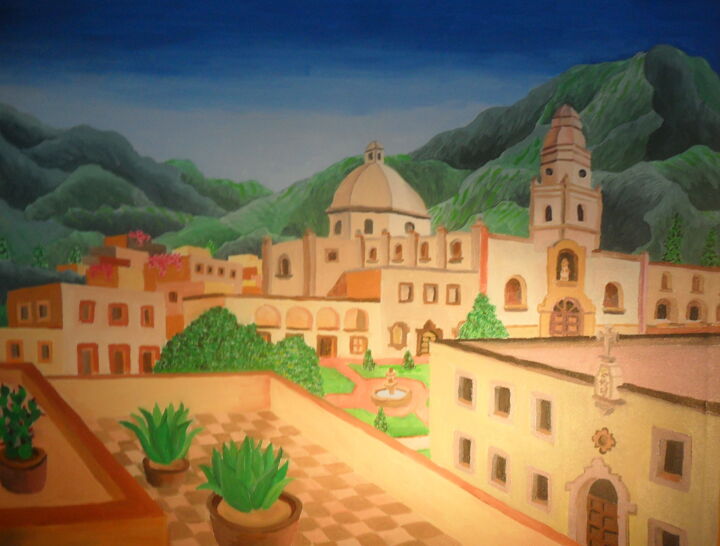 Painting titled "Mexican Town" by Ricardo Martinez, Original Artwork, Oil