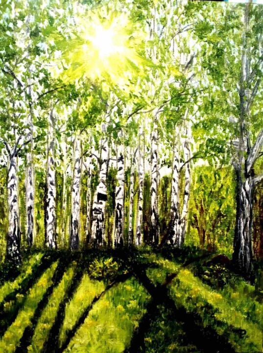 Painting titled "Birches in the summ…" by Rimma Tagirova, Original Artwork, Oil