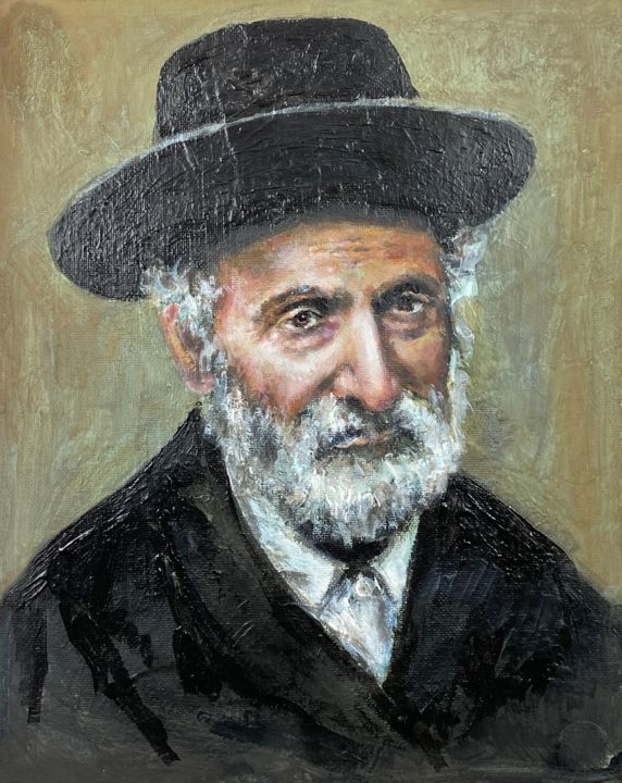 Painting titled "Rabbi Elijas Klackin" by Rimvydas Kviklys, Original Art, Oil Mounted on Cardboard