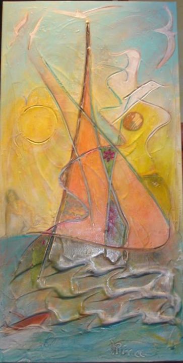 Peinture intitulée "barque solaire" par Rina Curiel, Œuvre d'art originale