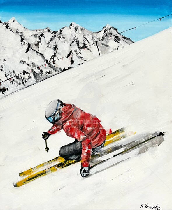 Painting titled "Red skier" by Rinalds Vanadzins, Original Artwork, Acrylic