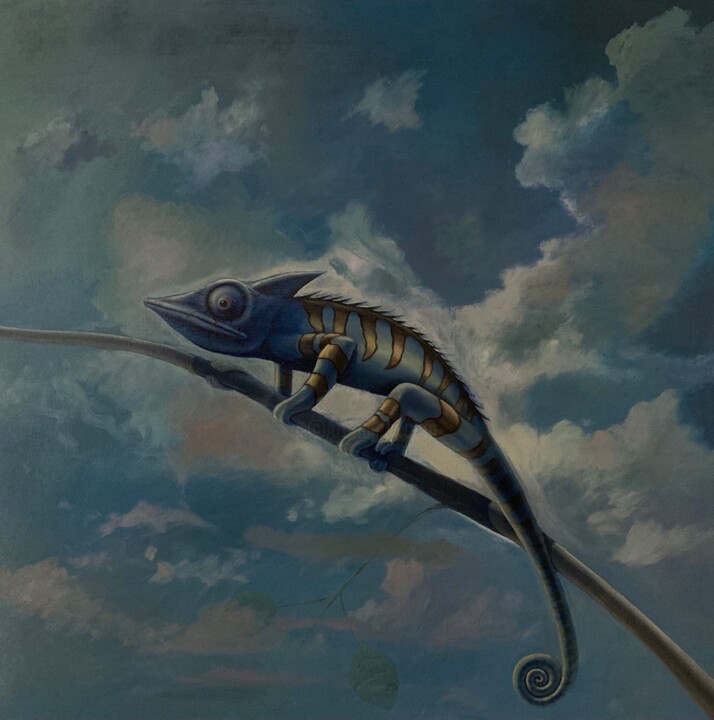 Картина под названием "Хамелеон в облаках" - Rinat Shaker, Подлинное произведение искусства, Масло Установлен на Деревянная…
