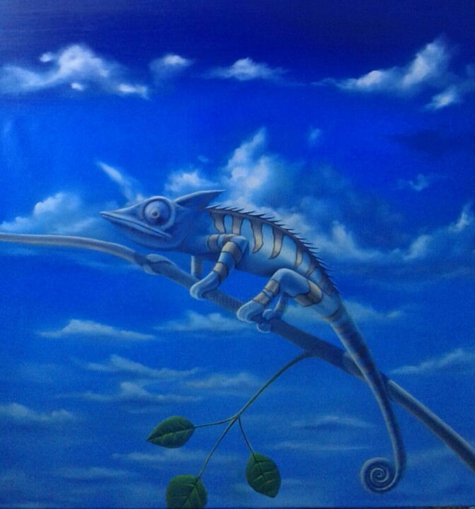 Schilderij getiteld "Хамелеон и облака" door Rinat Shaker, Origineel Kunstwerk, Olie