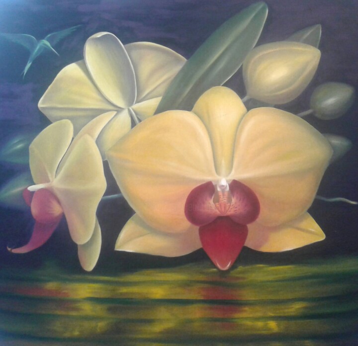 Картина под названием "Колибри и орхидея" - Rinat Shaker, Подлинное произведение искусства, Масло