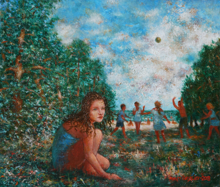 Painting titled "Fille et les joueur…" by Rinat Gayaliev, Original Artwork, Oil Mounted on Cardboard