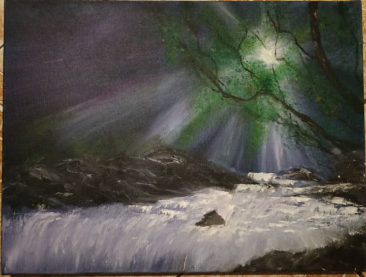 Peinture intitulée "Водопад в ночи" par Rina Vin, Œuvre d'art originale, Huile