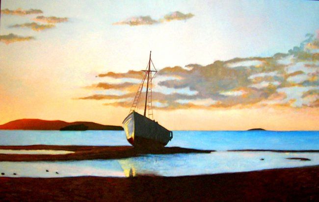 Painting titled "atardecer con barca" by Delmar, Original Artwork, Oil