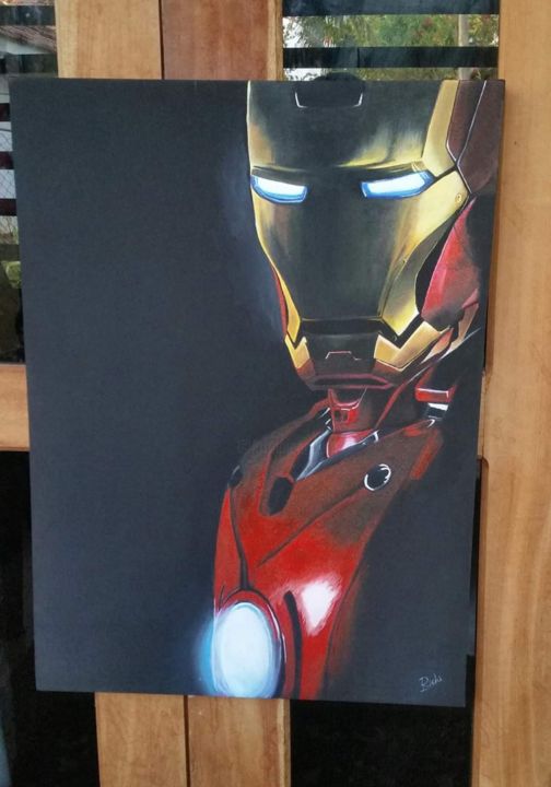 Schilderij getiteld "Iron Man" door Rishi Raj, Origineel Kunstwerk, Glazuur Gemonteerd op Frame voor houten brancard