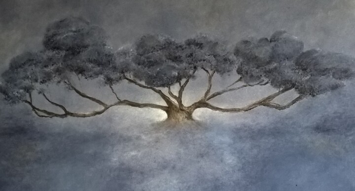 Painting titled "L'arbre aux nuages 4" by Rita Cau, Original Artwork, Oil