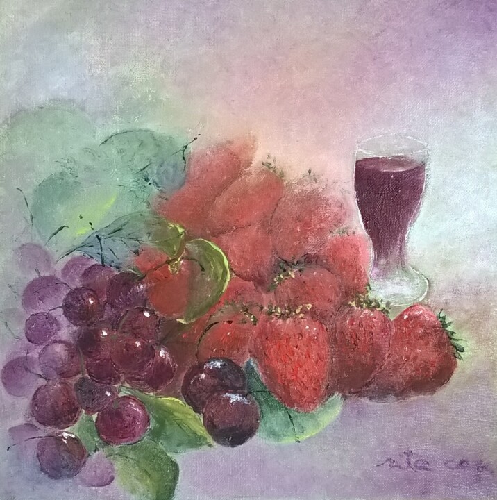Painting titled "fruits rouges, basi…" by Rita Cau, Original Artwork, Oil