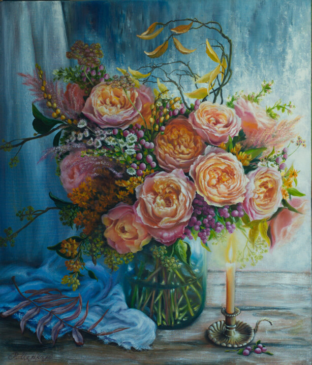 Peinture intitulée "Beautiful roses wit…" par Rita Cemkalo, Œuvre d'art originale, Laque